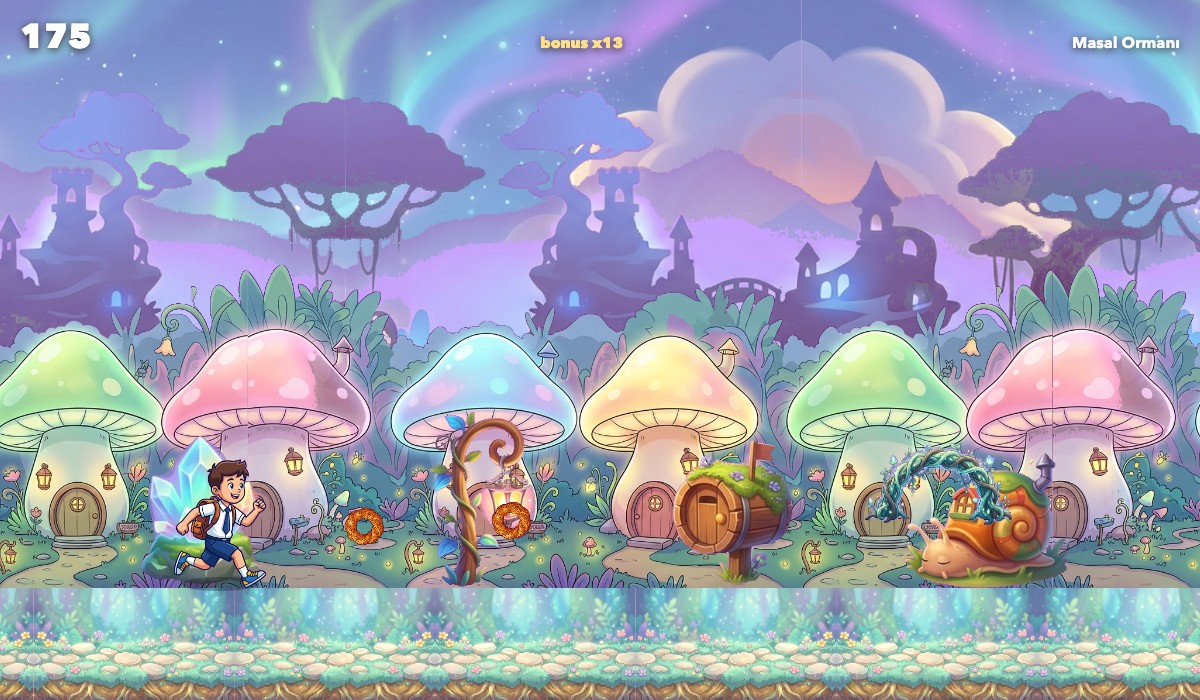 A colorful 2D runner world with a character sprinting through layered scenery